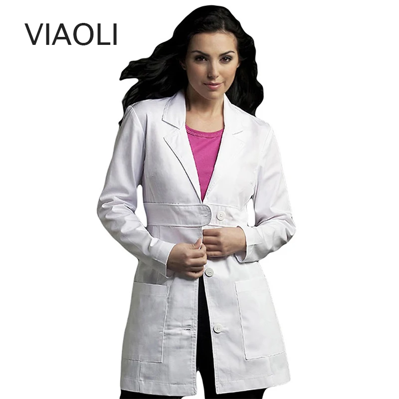 Viaoli abbigliamento donna scrub cappotto uniforme scrub bianco abbigliamento uniformi da lavoro a maniche lunghe spa uniform salon cintura frontale sottile