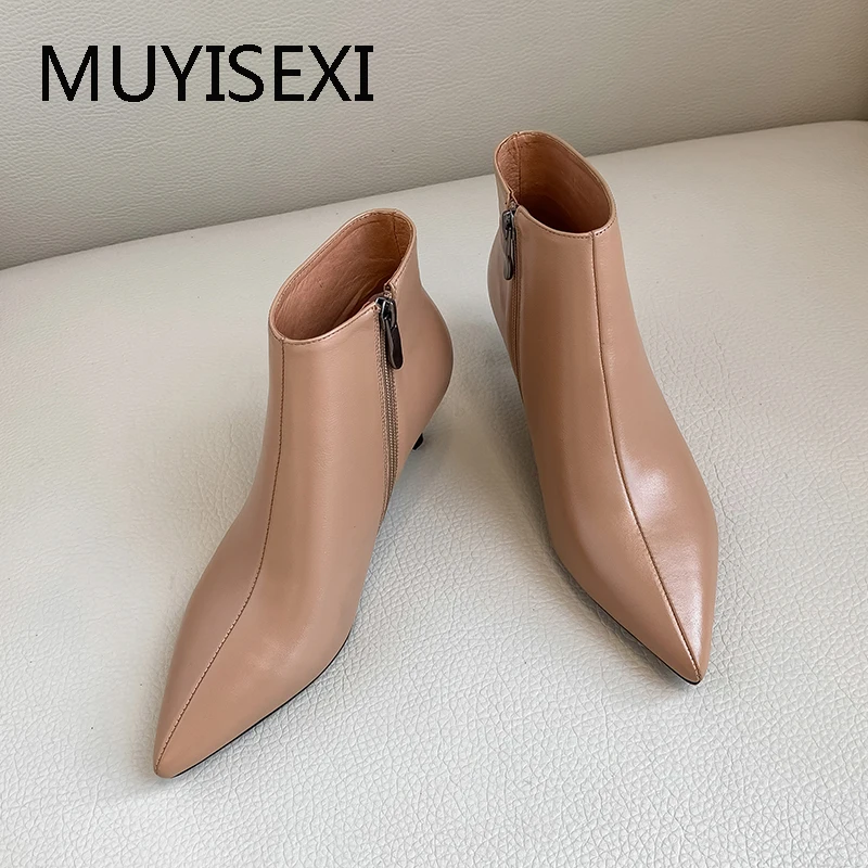 Sexy Ankle Boots Genuine Leather Pointed Toe 5cm Thin Heels Winter Solid Autumn Boots For Women MING002