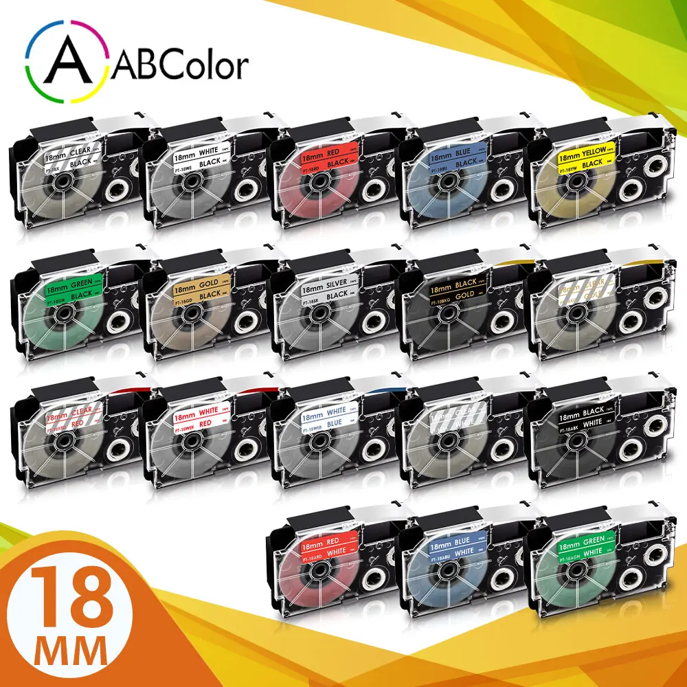 18Colors XR-18WE Label For CASIO 18mm XR-18X XR-18YW XR-18RD XR-18BU Label Cartridges For CASIO KL-130 KL-120 KL-430 Label Maker