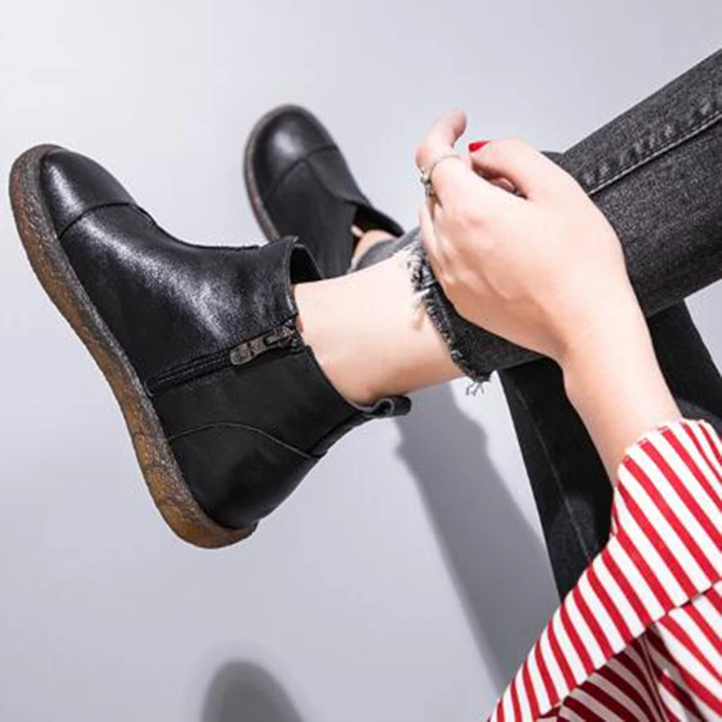 GKTINOO Fashion Handmade Shoes For Women 100% Genuine Leather Ankle Boots Winter Autumn Flat Women Shoes Round Toes Boots