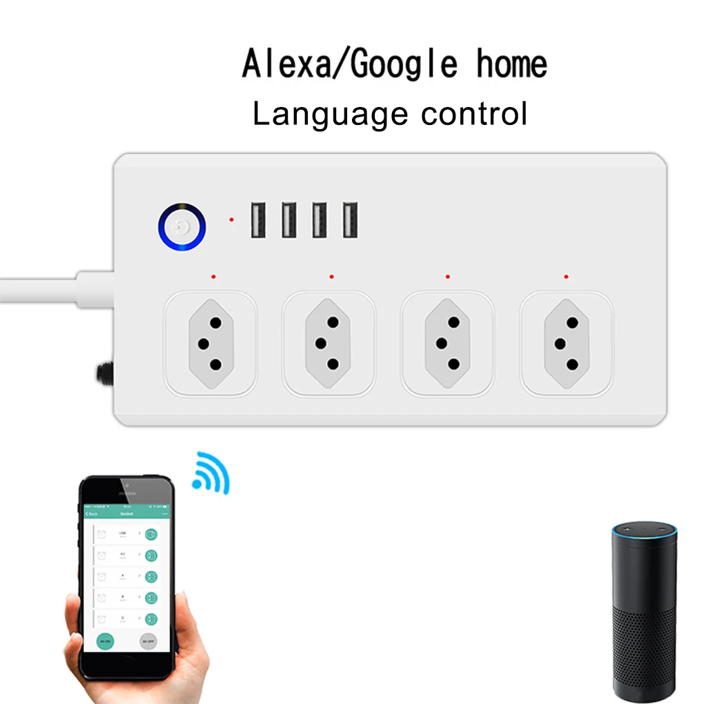 Power Strip with 4 Outlets 4 USB Ports Home Office WiFi Remote Control Power Strip Smart Wireless Outlet Brazil Plug