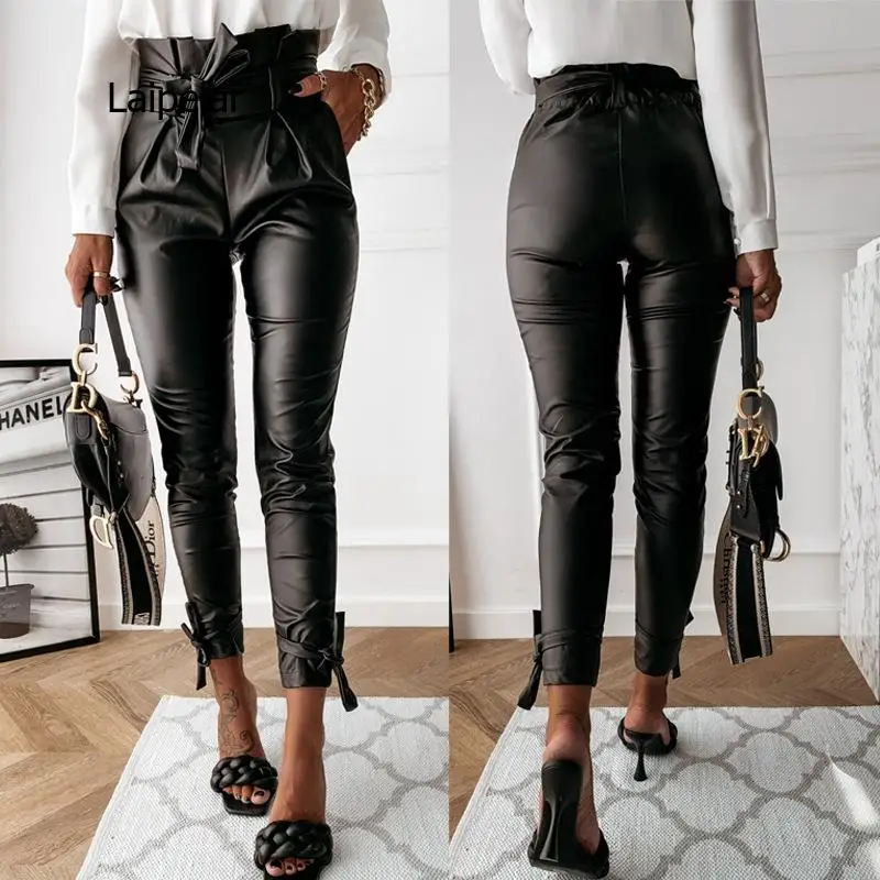 New Fashion Women Ladies High Waist PU Leather Pencil Pants Female Zip Up/Waistband Ankle Length Slim Fit Leggings Black