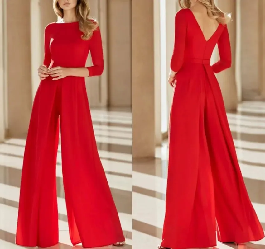 Overalls Abend Party Kleid 2022 Red Jewel Bodenlangen Chiffon 3/4 Hülse Pageant Abendkleid Vestidos Robe De Soiree