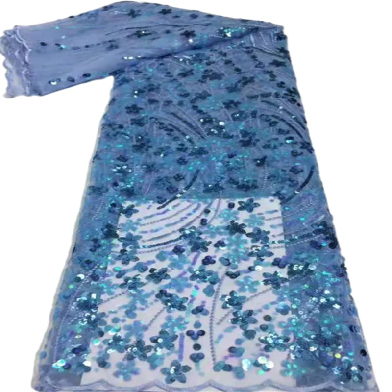 

2021 Latest BLUE French Mesh Lace High Quality African Lace Fabric Nigerian Embroidered Tulle Lace Fabric For Wedding 5Yards