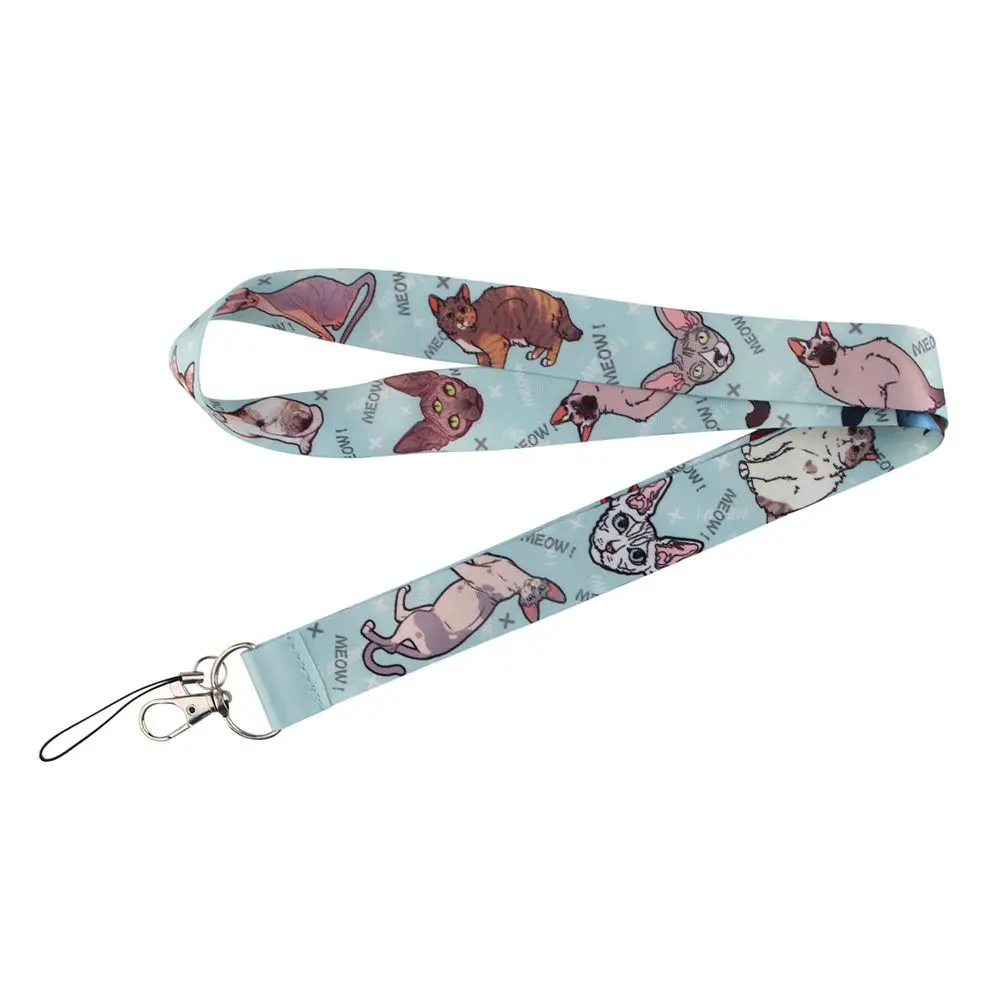 Mobile Sphynx Cat Name Tag Holder Cat Pattern Keychain Webbings Ribbon ID Badge Holder Phone Lanyard Strap Hang Rope