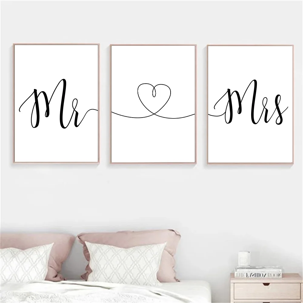 Mr Mrs Heart Calligraphy Poster Print Black And White Minimalist Wall Art Canvas Painting Pictures Couple Lover Gift Home Decor