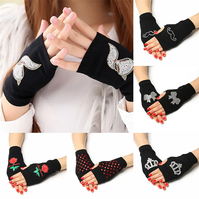 Women Autumn New Knitted Gloves Winter Gloves Rhinestone Rivet Student Fingerless Gloves Sailor Dance Star Half Finger Gloves