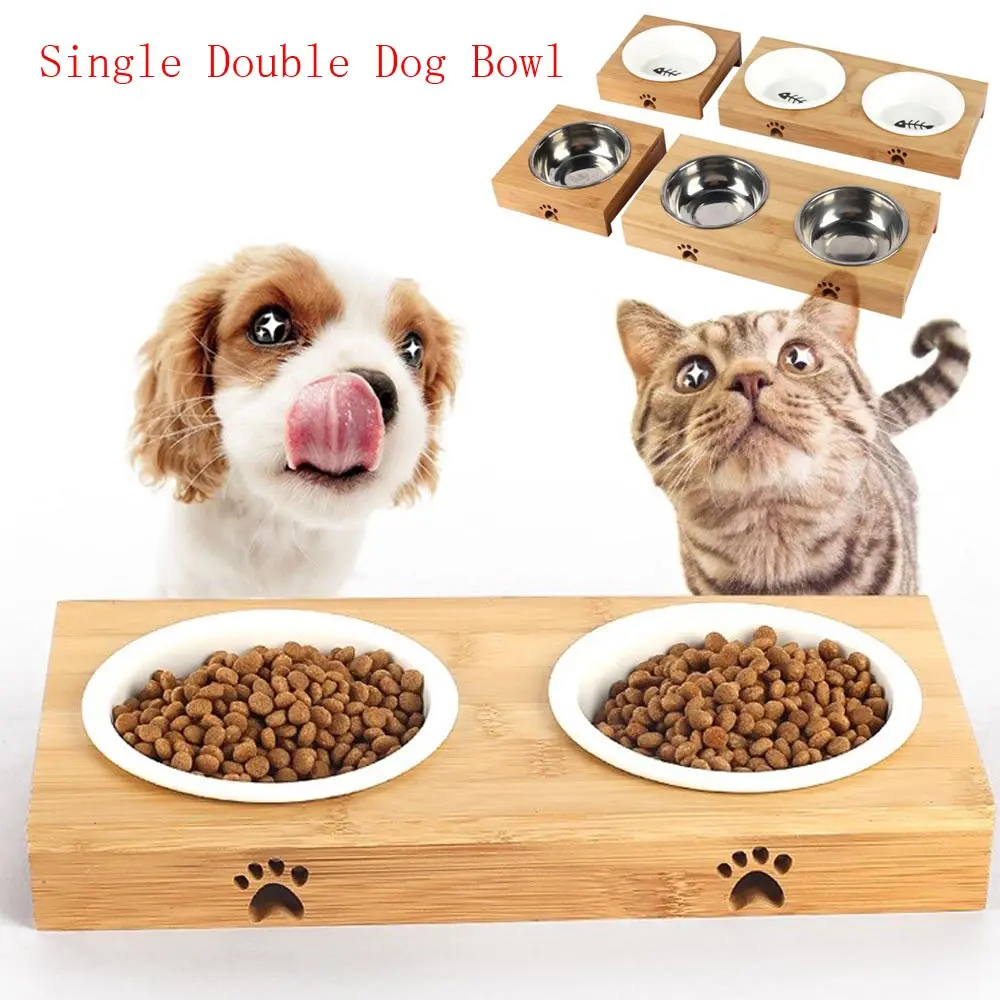 Pet Feeding Bowls Cat Dog Drinking Stainless Steel Ceramic Food Water Feeder Double Single Combination Bamboo Frame for Dogs Cat