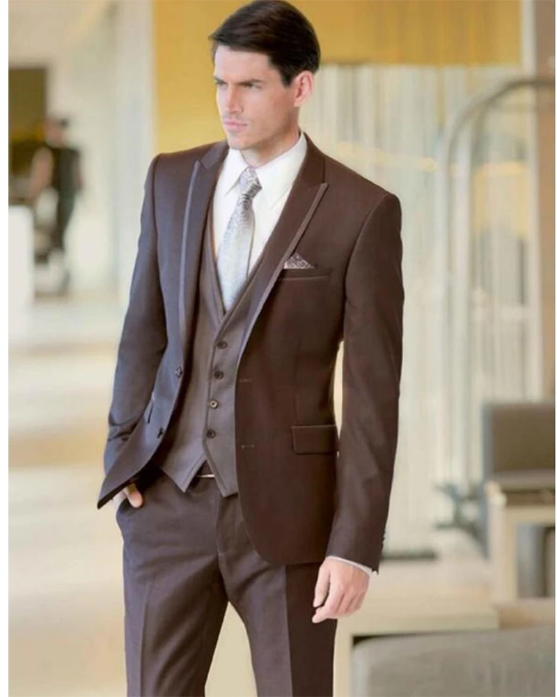 

Formal Business Leisure Brown Men Suits 3Pcs(Jacket+Pants+Vest+Tie) New Custom Made High Quality Christmas Party Blazer Trousers