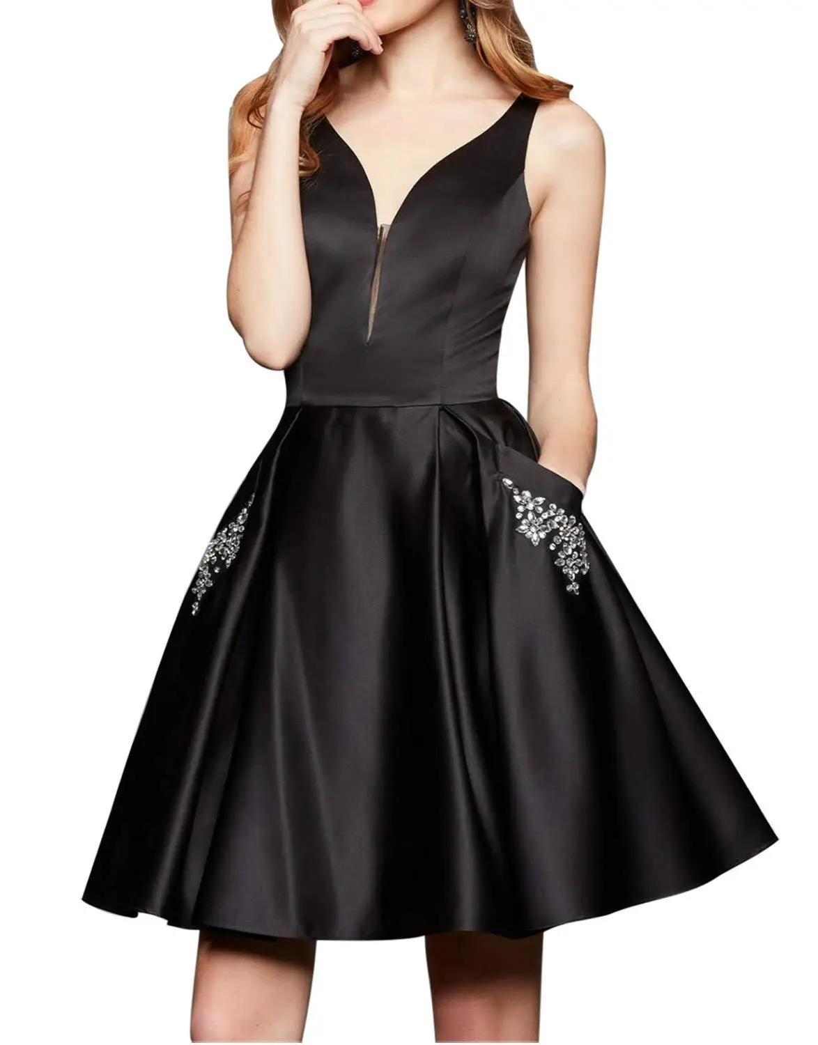 

Charmingbridal V neck Satin Prom Dresses with Beaded Pocket A Line Short Homecoming Dresses