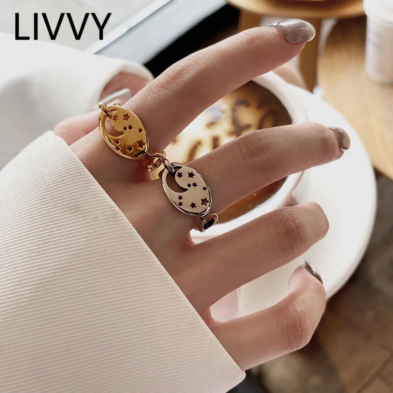 

LIVVY New Fashion Creative Oval Hollowed-Out Star Moon Adjustable Ring for Women Trend Personality Jewelry Gifts