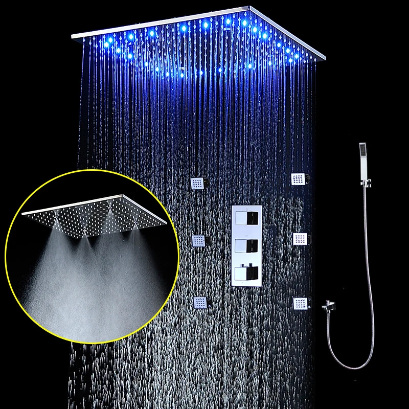 Modern Ceiling LED Shower Set Thermostatic Mixer Faucets  Bathroom 20 Inches Mist Rainfall ShowerHead Massage Body Jets