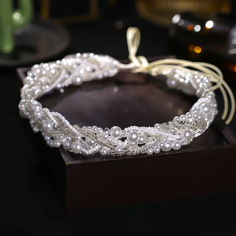 GETNOIVAS Bride Wedding Hairband Silver Color Pearl Headband Handmade Rope Headdress Simple Fairy Headpeice Hair Accessories SL