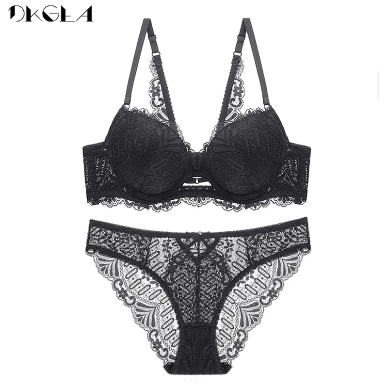 Top Sexy Bra Panties Set Embroidery Lingerie Thick Gray Lace Underwear Sets Cotton Bras Push Up Black Women Brassiere Deep V