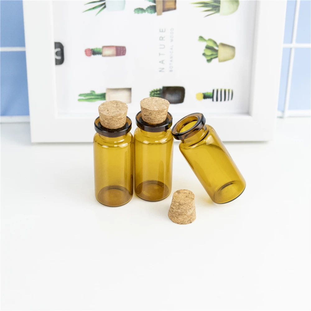 10ml Cute Brown Glass Ornaments Mini Bottles With Corks Empty Small Perfume Wishing Vials Decoration Crafts Jars 100Pcs