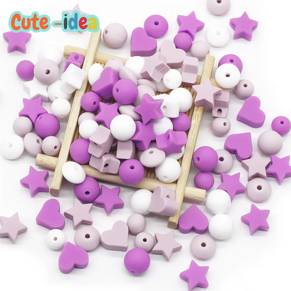 Cute-idea 50pcs Silicone Loose Beads Sets Star Heart Lentil Shaped Teething Beads Baby Pacifier Chain Toy Accessories BPA Free