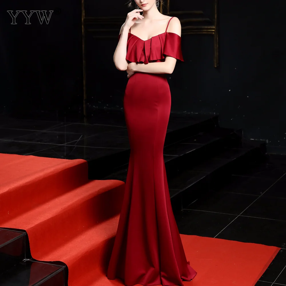 Rosso Vestito Da Sera Elegante Della Cinghia di Spaghetti Dell'increspatura Sexy Robe De Soiree Off Backless Della Spalla Sottile Delle Donne Del Partito Lungo Del Partito Abiti