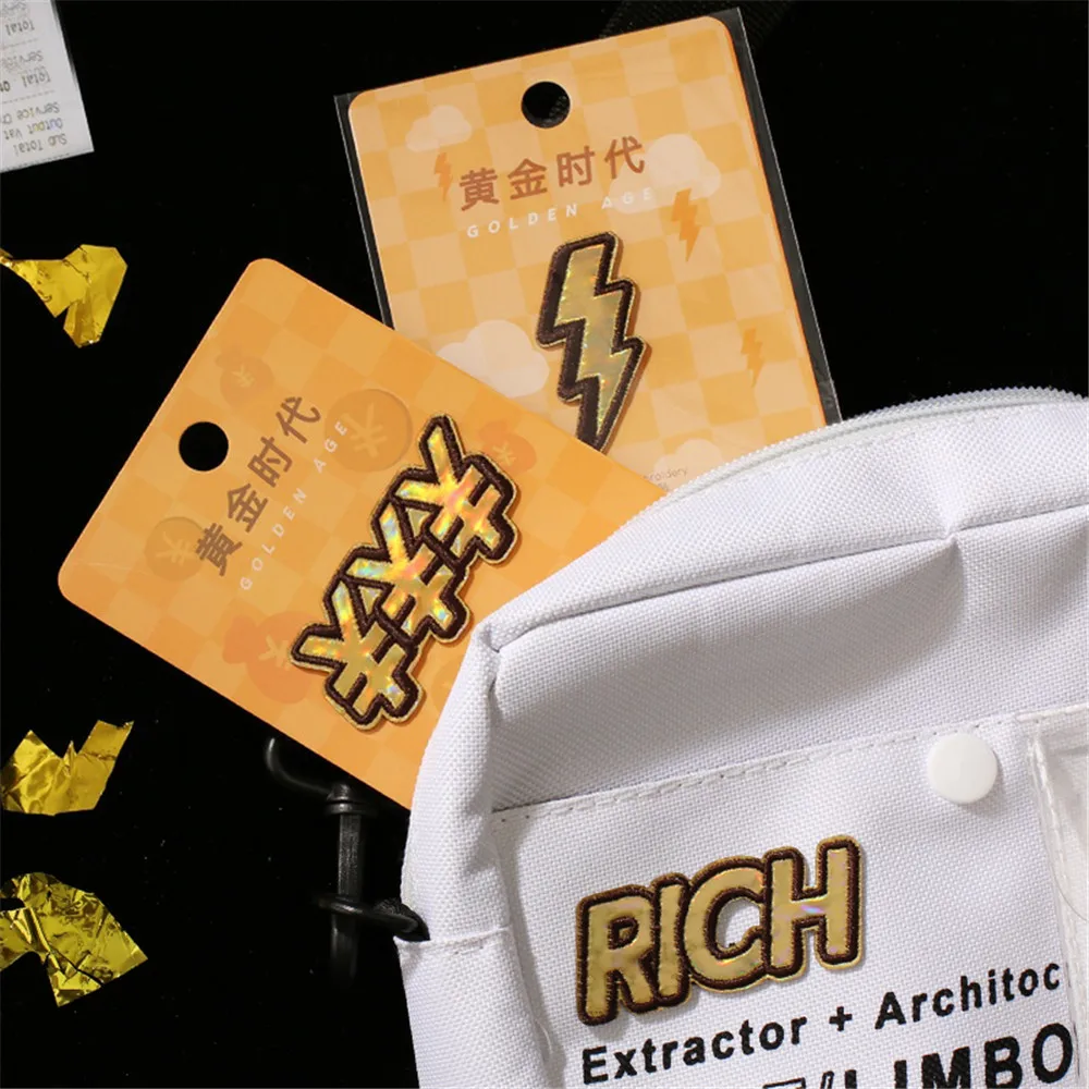 

Golden Letters Rich Patches Clothes Bags DIY Applique Embroidery Parches Iron On Patch for Clothes Phone Case