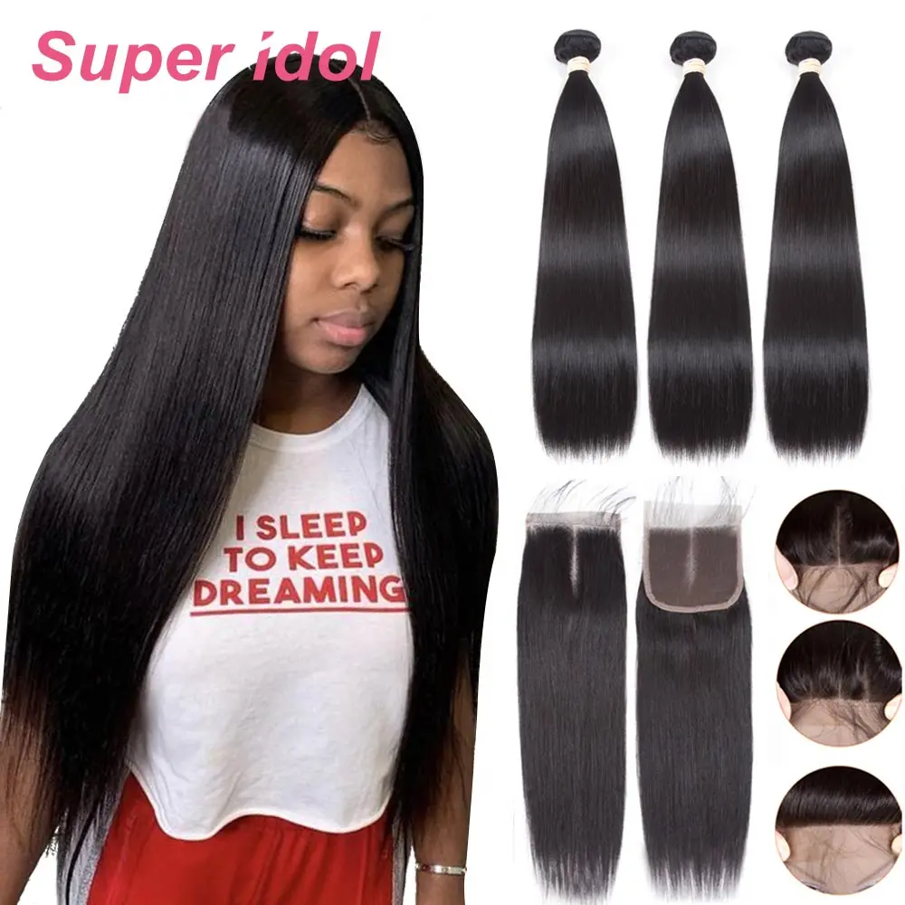 

Straight Human Hair 3/4 Bundles With Closure 4x4 Lace Closures With Bundles Brazilian Hair Weave Bundles With Closure Remy Hair