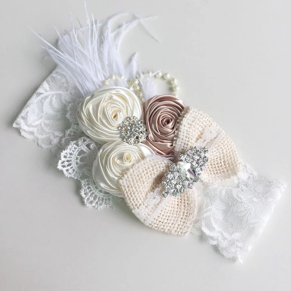 Boutique Baby Girl Headbands Feather Rhinestone Lace Elastic Hair Band Infant Newborn Headwraps Birthday Photography Props