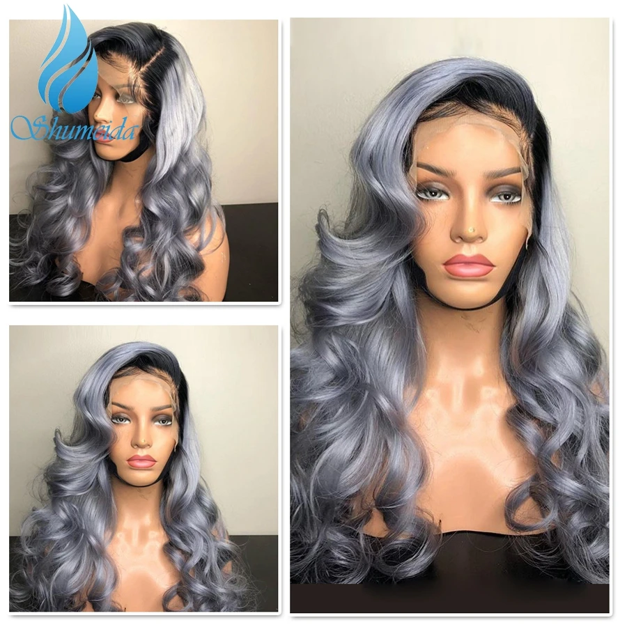 Shumeida Ombre Gray Color T Part Wigs With Baby Hair Brazilian Remy Human Hair Wig For Women Body Wave Glueless Wig