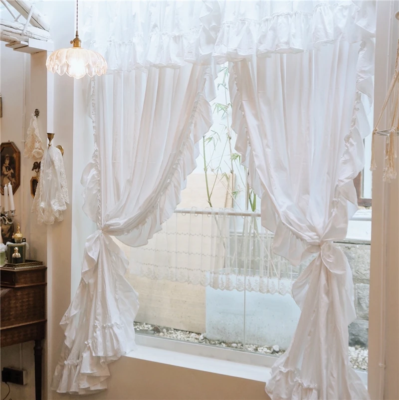 Brand New Pure Cotton Curtains with Valance for Girl's Bedroom, Handmade Princess Ruffle Cortinas, Eco-friendly Whtie Curtains