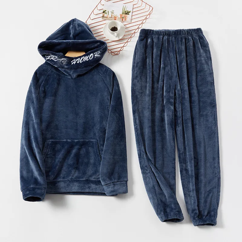 

Hooded Couple's Loose Pajamas Set New Velvet Thick Home Clothes Coral Fleece Flannel Winter Sleepwear Men Outside Wear Suit