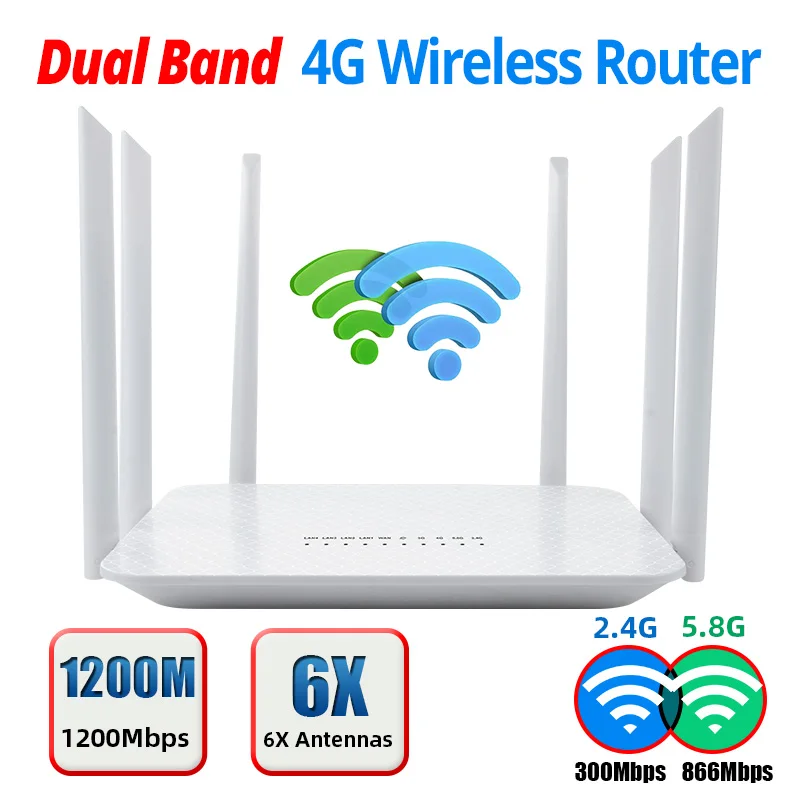 Router nirkabel Dualband 1200G & 2.4 Ghz 4G, Modem QOS WPS LTE kartu Sim 5g Router Rj45 WAN LAN 5.8 Mbps