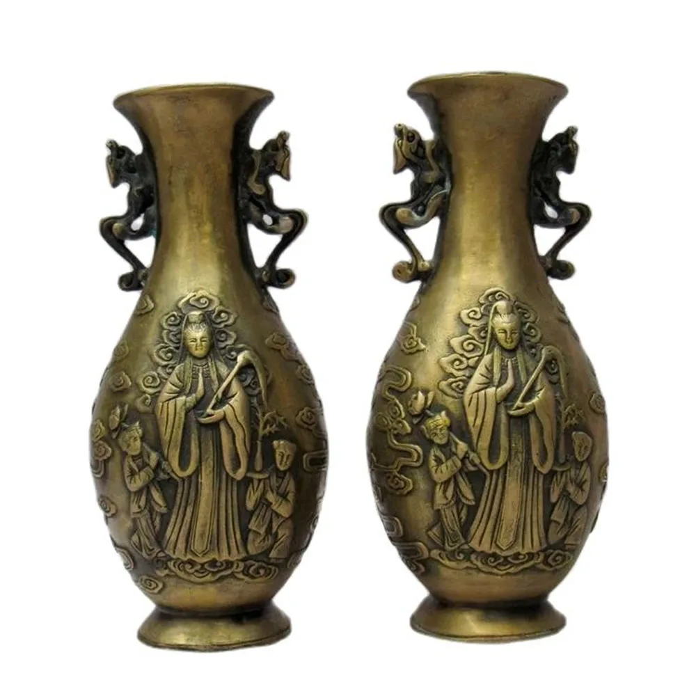 

MOEHOMES+pair of Free shipping Chinese Vintage Handwork Brass fengshui Goddess of mercy Vase vintage home decor metal handicraft