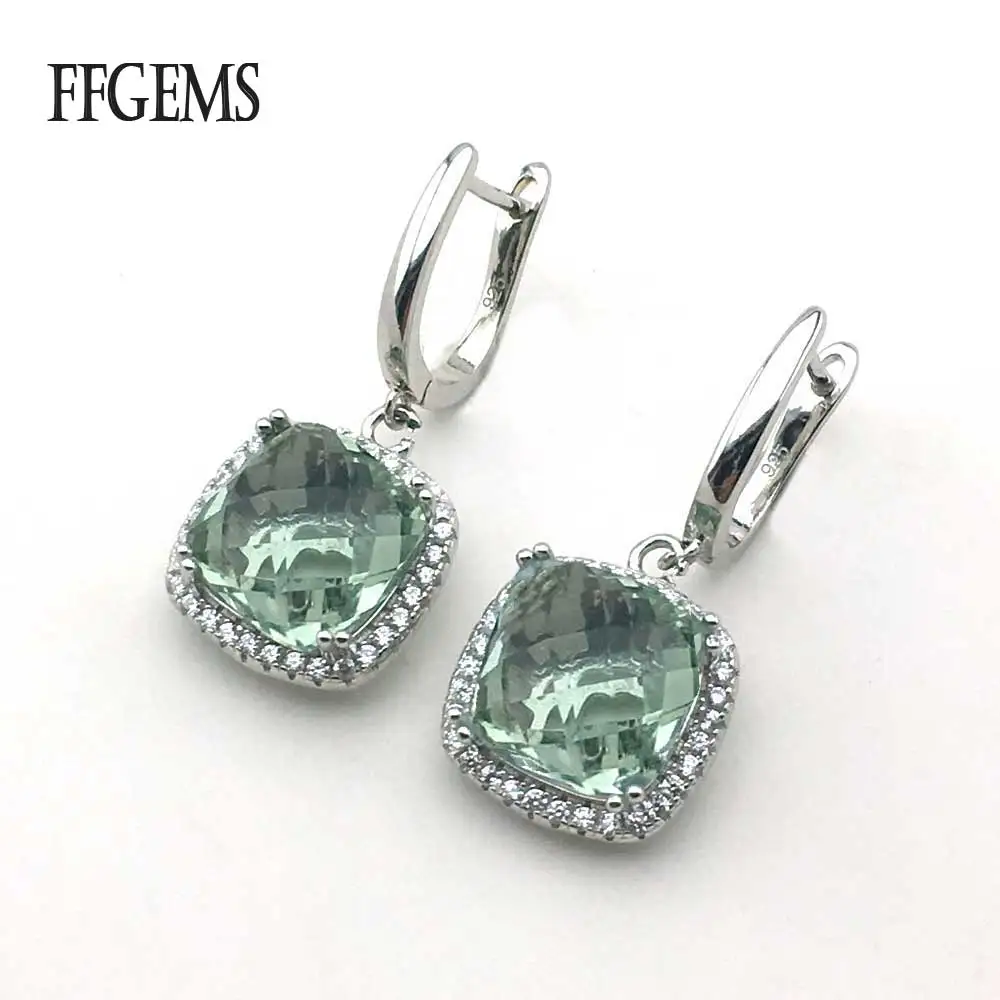 FFGems Natural Green Crystal square big stone hang Sterling 925 Silver Drop Earring For Women Party Wedding Gift box wholesale