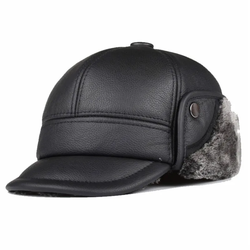 B-8810 Male Genuine Leather Hat Adult Winter Warm Hats Men's Outdoor Ear Protection Hat Men's Fur Inside Cap