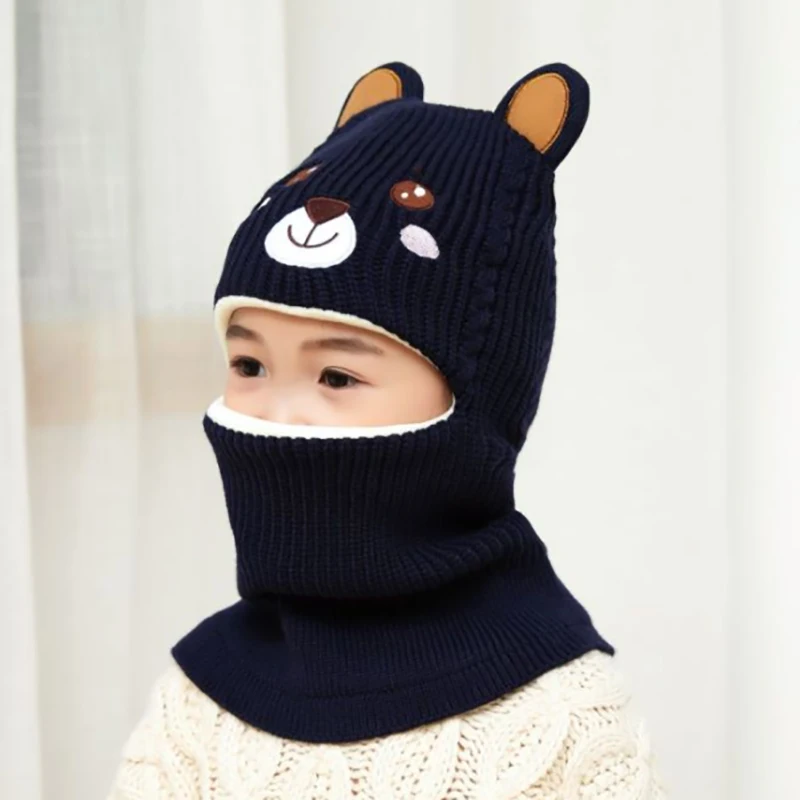 2020 New Baby Girl Winter Hat Warm Bear Skullies Beanies Knitted Cap Kids Balaclava Mask Hats Gorras