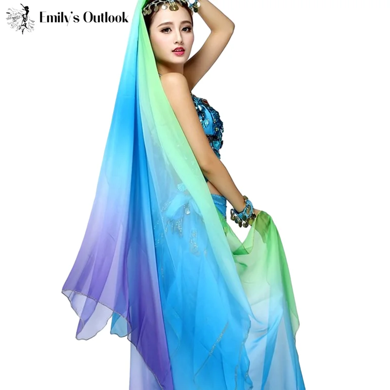 Cheap Belly Dance Chiffon Veils Scarf 220CM 250CM 270CM Women Dancer Hand Throw Scarves With Trim Gradient Color