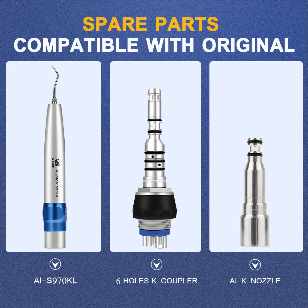 Sonic Dental Air Scaler Handpiece Led 6 Holes K-coupling Connector  With 3 Perio Scaling Tip Kit Teeth Cleaner AI-S970KL-KCL6