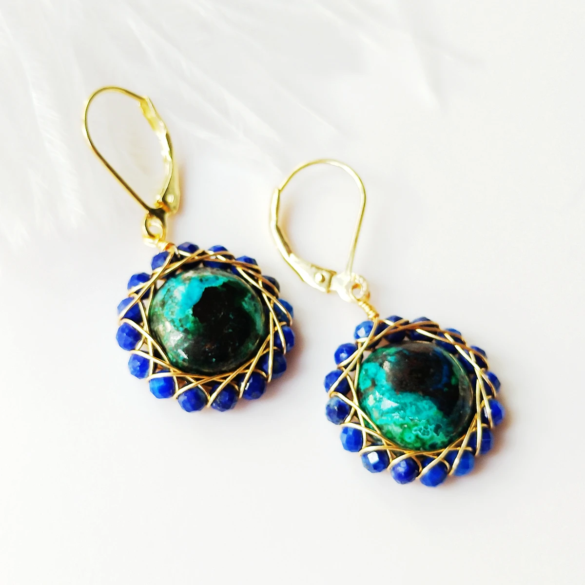 Lii Ji Real 925 Sterling Silver Gemstone Earring Chrysocolla Lapis Lazuli Handmade Earring