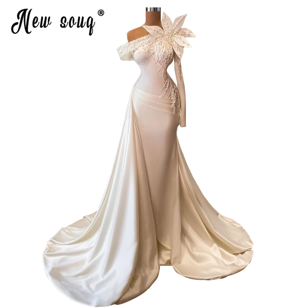 Eenvoudige Off Shoulder Satin Lange Jurk 2021 Aso Ebi Parels 3D Bloemen Avond Party Gown Met Vrijstaande Wit Prom jurk