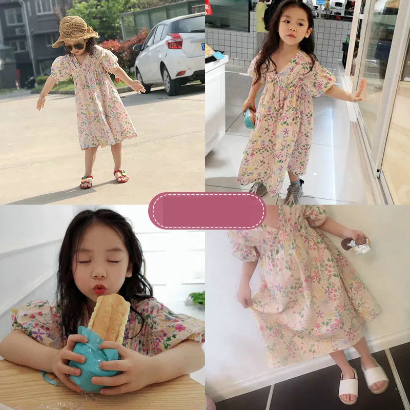 Summer Girls\' Dress Japanese And Korean Style Sweet Pastoral Style V-Neck Floral Dress Baby Kids Clothes Children Clothing