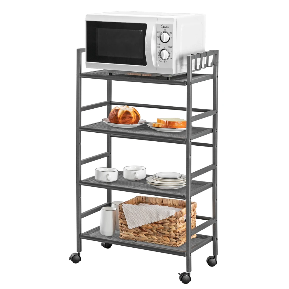 Rustic Industrial Style Storage Rack 3/4-Shelf Mesh Iron Shelving Unit with Casters & 4 Hooks Grey[US-Depot]