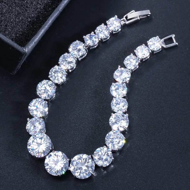 CWWZircons Luxury CZ Bridal Jewelry Silver Color Round Shape Big Cubic Zirconia Bracelets Bangles for Women CB150