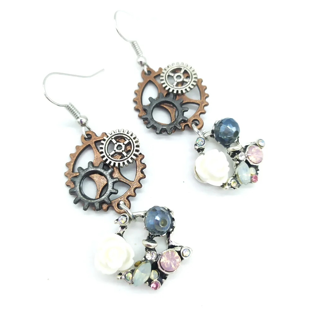 2020 New Original Design Mixture Gears with Floral Hoop Women`s Steampunk Earring