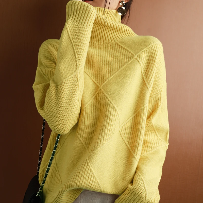 Cashmere sweater women turtleneck sweater pure color knitted turtleneck pullover 100% pure wool loose large size sweater women