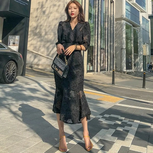 Korea Women Party Dress 2023 Spring fashion Office OL chiffon Half Sleeve Ruffles Bodycon Mermaid Midi Dress