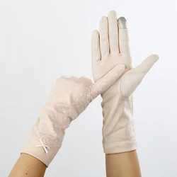 Guantes de algodón con estampado de ancla de puntos para mujer, guantes de conducción de longitud media, protección solar UV, pantalla táctil antideslizante, finos, Verano