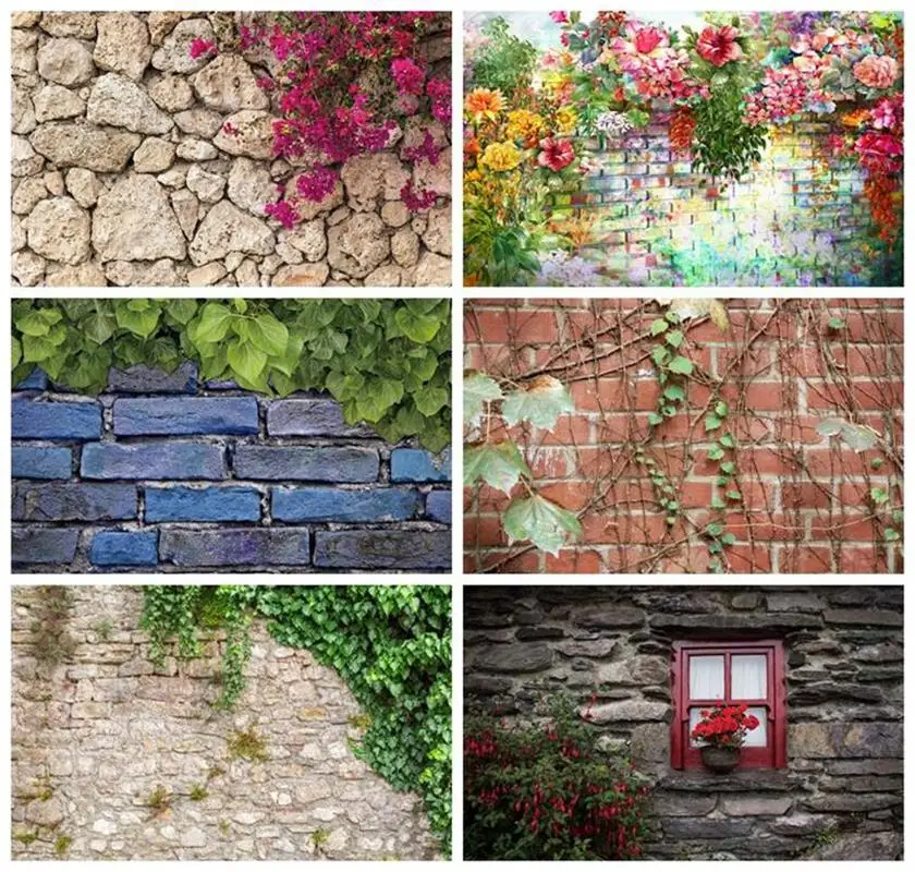 Laeacco Brick Wall Flowers Grass Grunge Portrait Baby Birthday Photo Backdrop Photography Backgrounds Wedding Photocall Studio