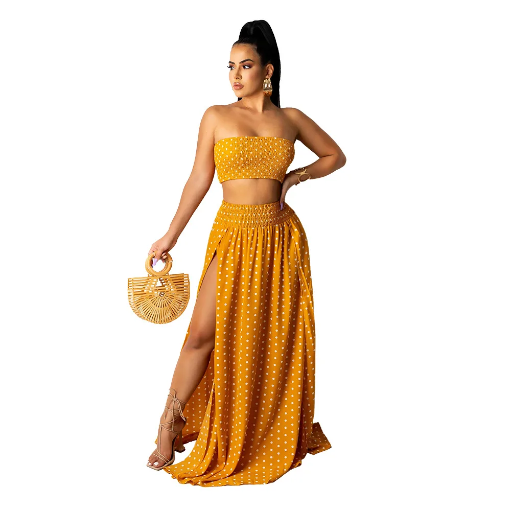 Summer 2021 Women Sexy Slim Two Piece Set Off Shoulder Crop Tops Split Skirt Sets Polka-Dot Print Suit Lady Elegant 2 Piece Set