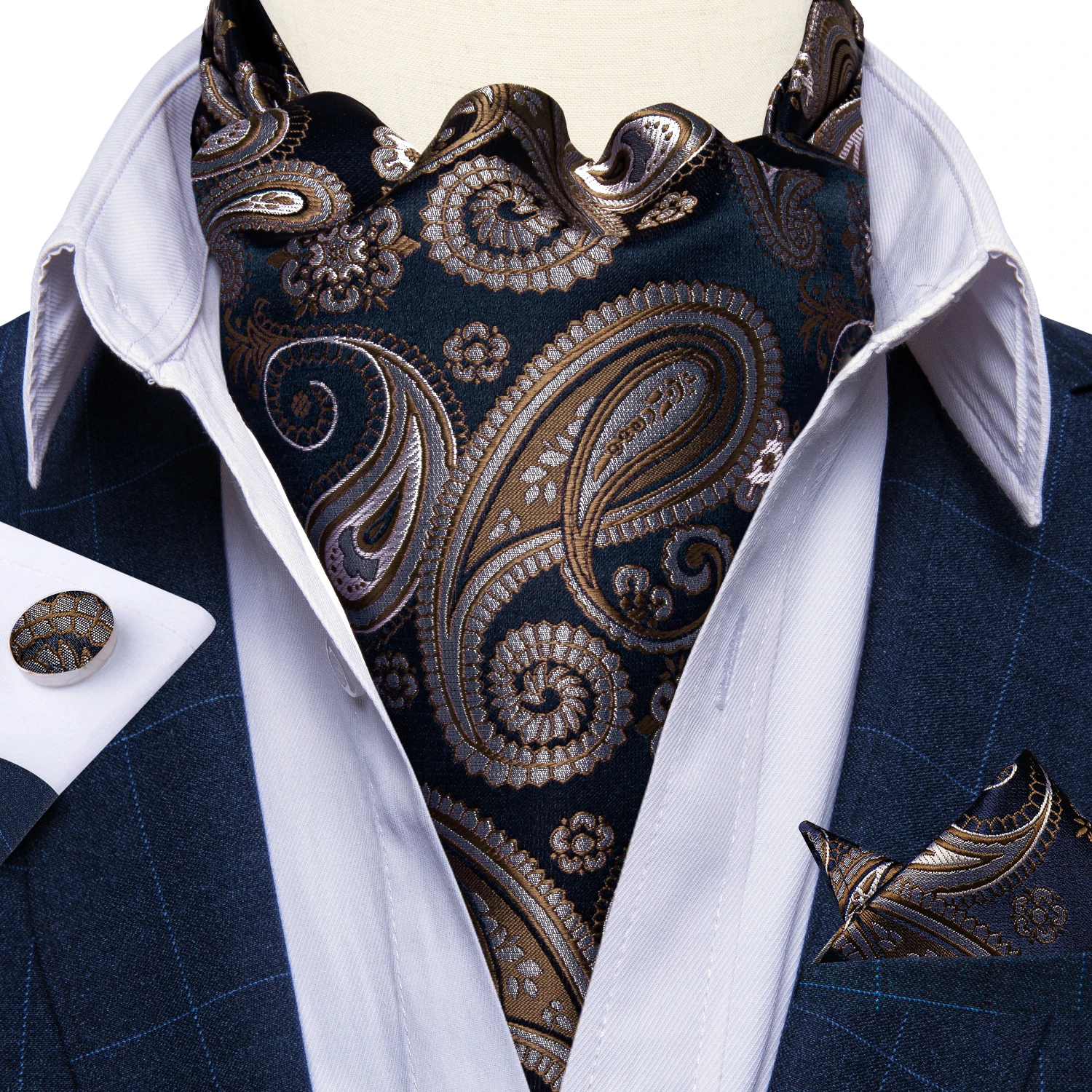 Men Premium Silk Ascot Tie Set Paisley Floral Blue Red Vintage Wedding Formal Cravat Tie Ascot Scarves Pocket Square Set DiBanGu