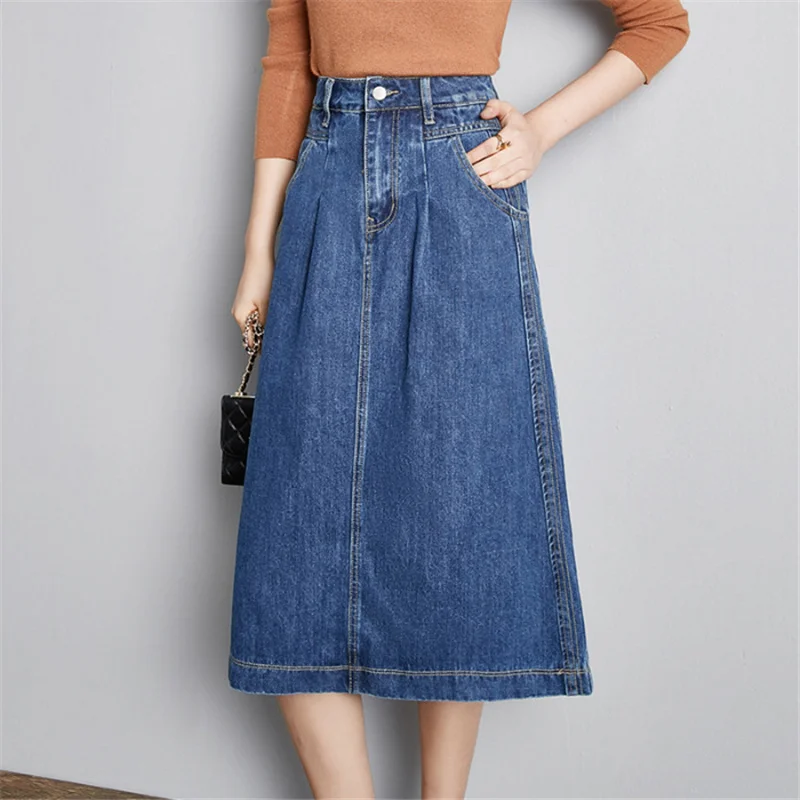 

Women's Retro Jeans Skirt Solid High Waist Zipper Fly Medium A-Line Denim Skirt Office Lady Skirts Spring Summer 2021