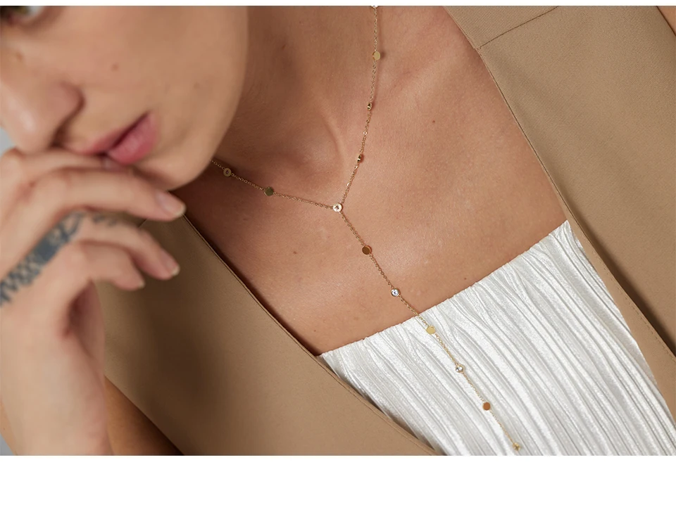 Yhpup Halskette mit langem Anhänger aus Edelstahlperlen, minimalistisch, 18K PVD-beschichtet, Metallkragen, Modeschmuck, Bangkok Parti-Geschenk – Detail 2