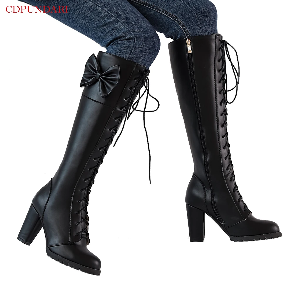 Black Knee High Boots Women High Heels Platform Boots Autumn Winter Long Boots Ladies Motorcycle Boots Red Botas Invierno Mujer