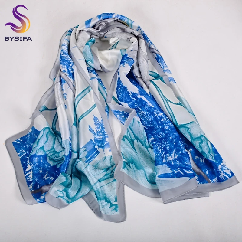 [BYSIFA]  Grey Blue Silk Scarf Shawl Spring Winter Fashion Women Scarves Hijabs Summer Elegant Peony Design Ladies Beach Shawls